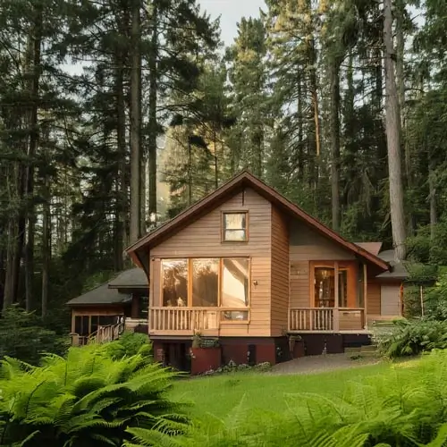Wood cabin in a redwood forest